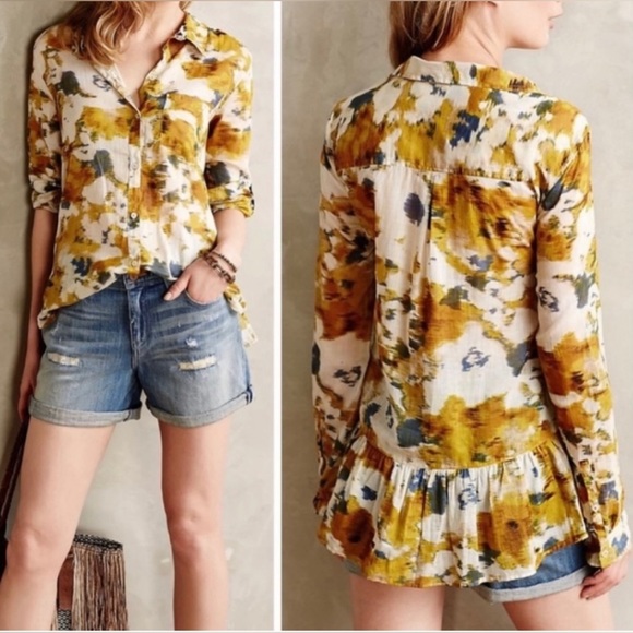 Anthropologie Tops - Anthropologie X Holding Horses Abstract Boho Hi-Low Ruffle Hem Roll Tab Blouse